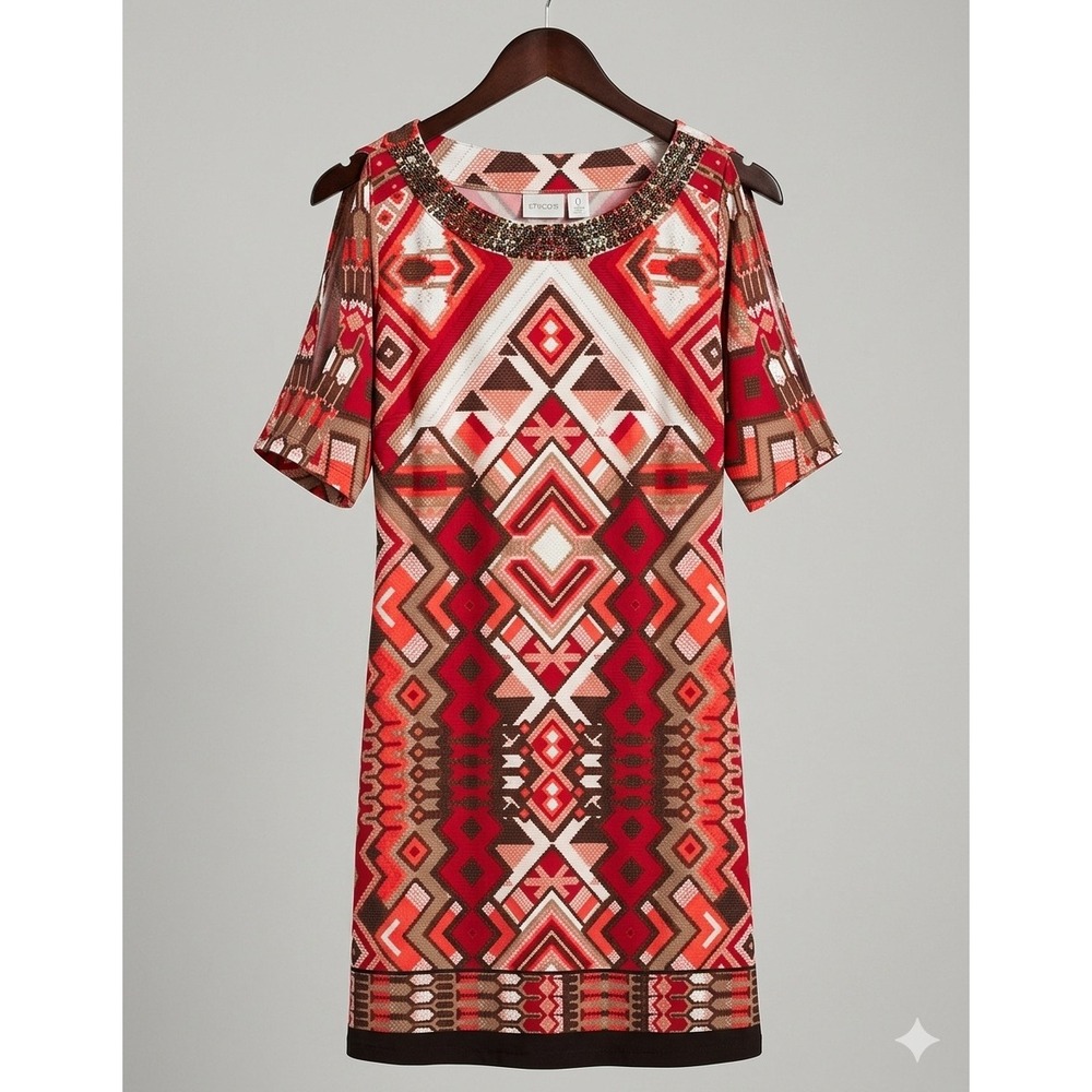 chico's beaded linen dress | Dresses | Chicos Stretch Geometric Print Split Sleeve Bold Red Statement S 4 gold and black quinceanera _Unlisted (Draft) concealed front placket Size:Juniors/Women S